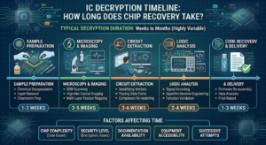 A typical IC decryption project runs 3 to 15 working days from authorization to verified delivery, and 15 to 40 when the die must be opened and probed. The clock does not start when the chip arrives. It starts when ownership is confirmed, and it is driven less by the read itself than by the protection class and the samples you can supply.